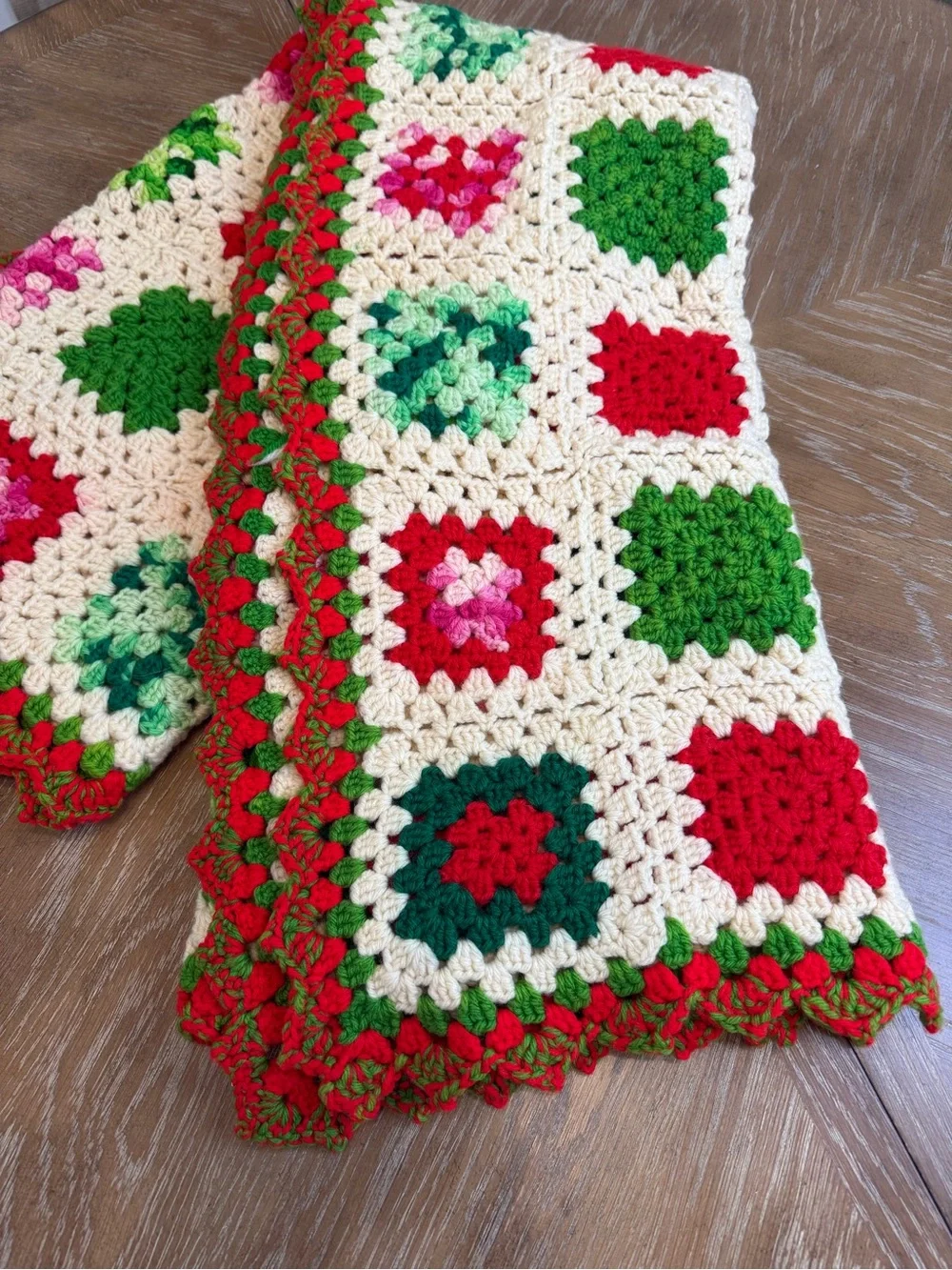 Vintage Hand Crocheted Granny Square Christmas Afghan Blanket